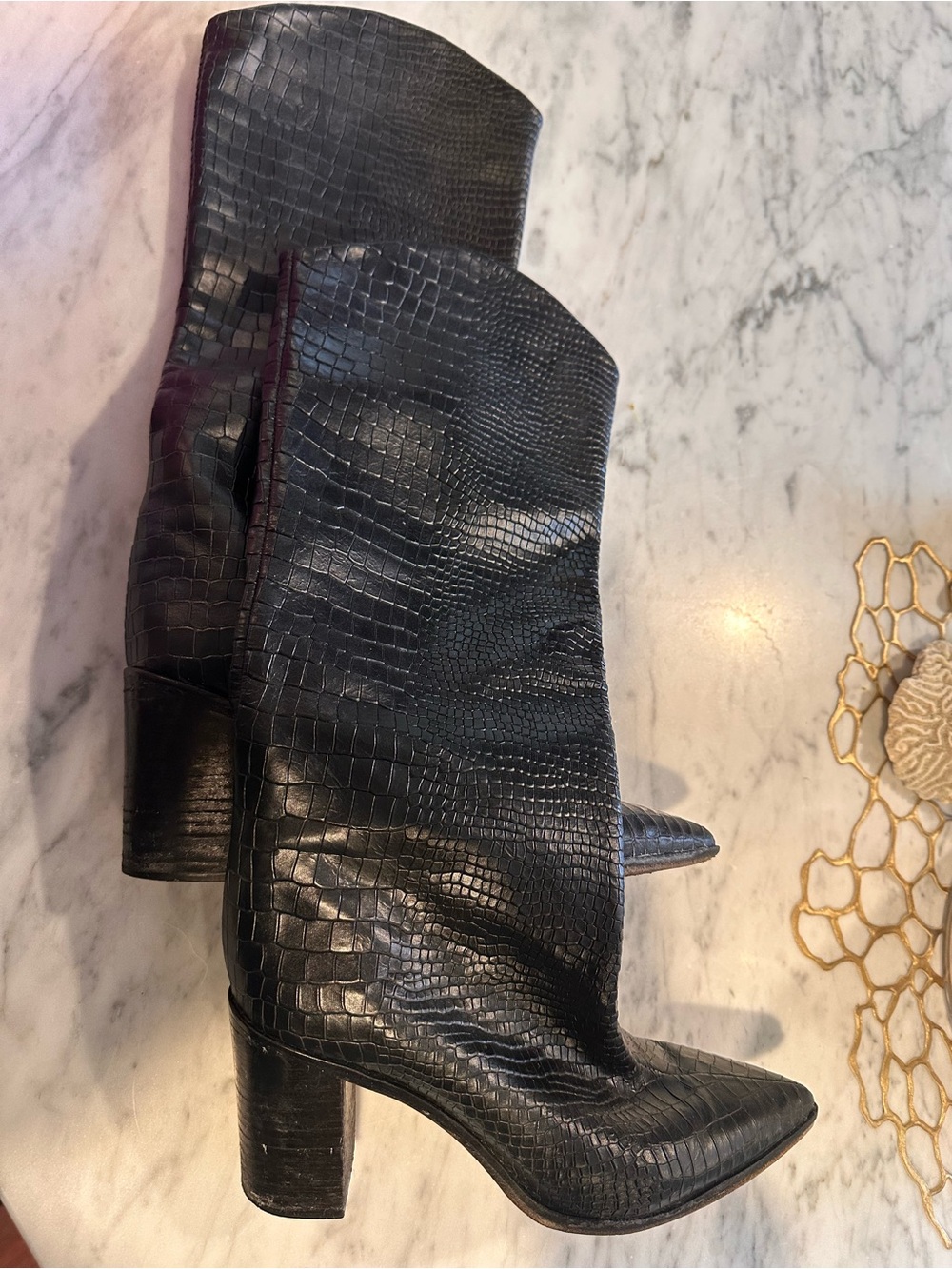 Shutz Black Croc-Embossed Mid-Calf Heeled Boots
